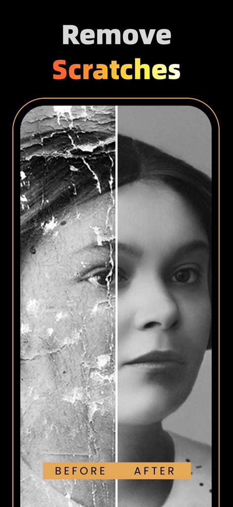 Before and after comparison showing the removal of scratches from an old portrait using PixFix AI