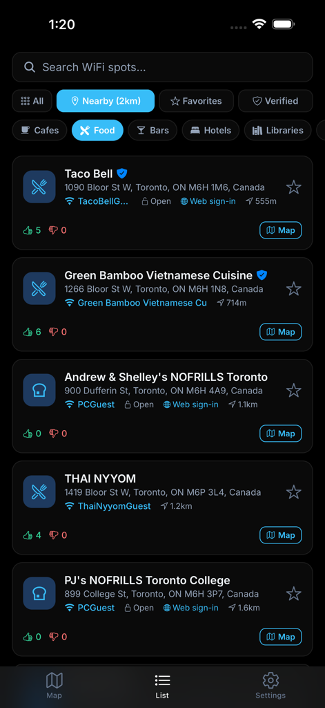 A list of nearby public WiFi hotspots showing business names, addresses, and network verification status in the WiFi Finder app