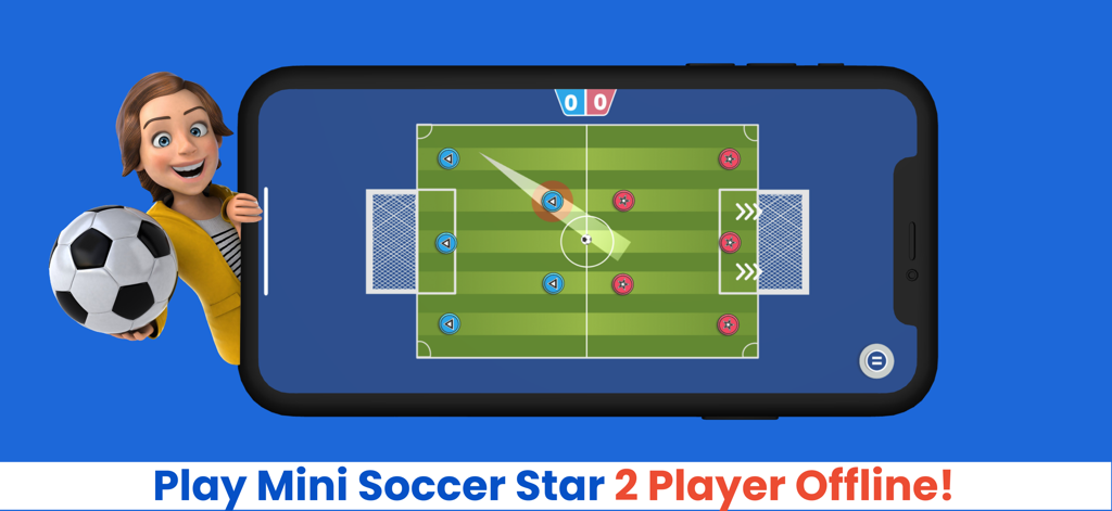 Mini Soccer Star 2 Player Game - Una pantalla de smartphone que muestra una vista de arriba hacia abajo de un partido de fútbol offline para 2 jugadores en un campo verde.