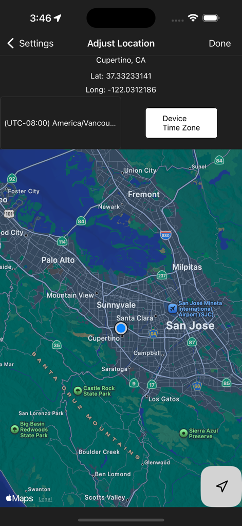 Ramadan Dashboard - Adjust location screen in the Ramadan Dashboard app showing a map of the San Francisco Bay Area with latitude and longitude coordinates.