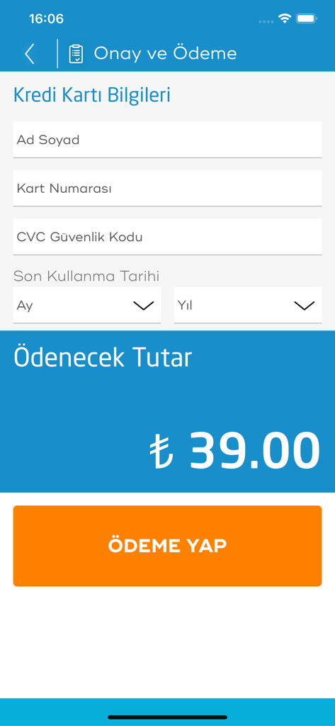 İDO Mobile - Credit card payment screen in the IDO Mobile ferry booking app showing fields for name and card number
