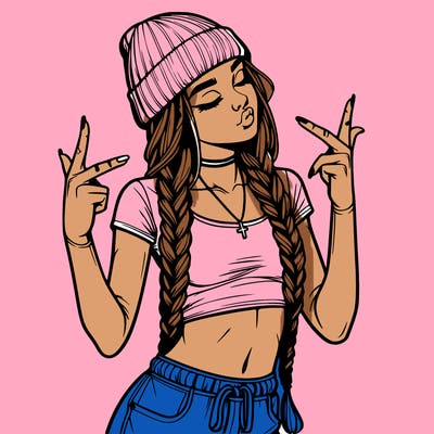 realistic teenage girl with braids and a beanie and crop top doing 🫶🏼