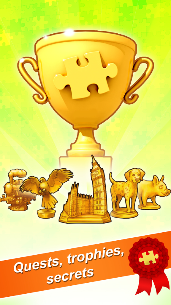 Un gran trofeo dorado con una pieza de rompecabezas rodeado de trofeos de misión dorados más pequeños de un tren, un águila, el Big Ben y animales.