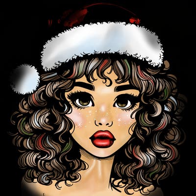 realistic girl with a santa hat curly hair and lips