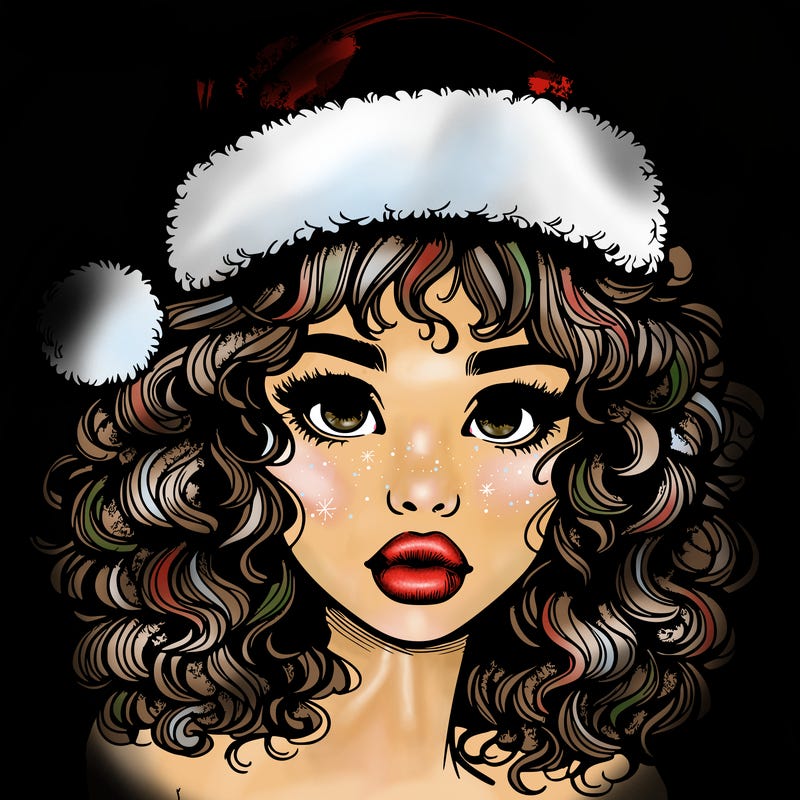 realistic girl with a santa hat curly hair and lips