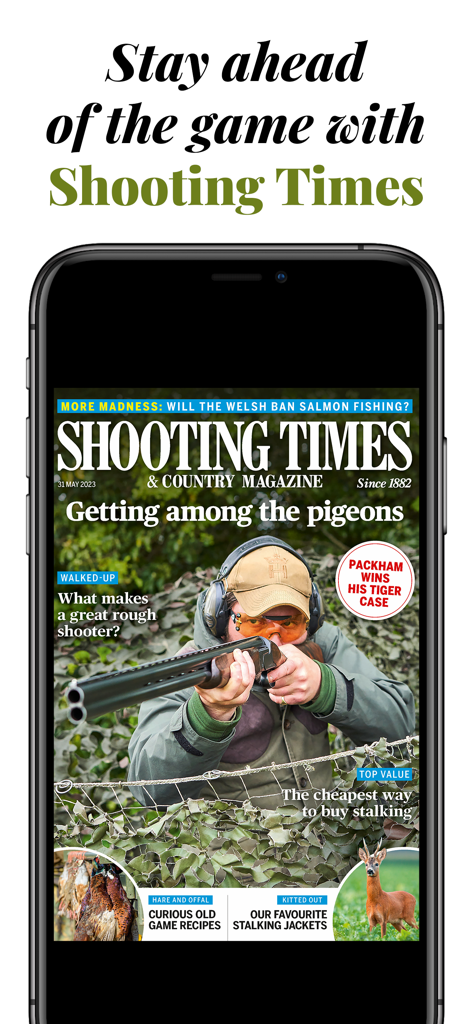 Ein Mobiltelefon, das die Titelseite der Shooting Times and Country Magazine App mit einem Jäger mit einer Flinte zeigt.