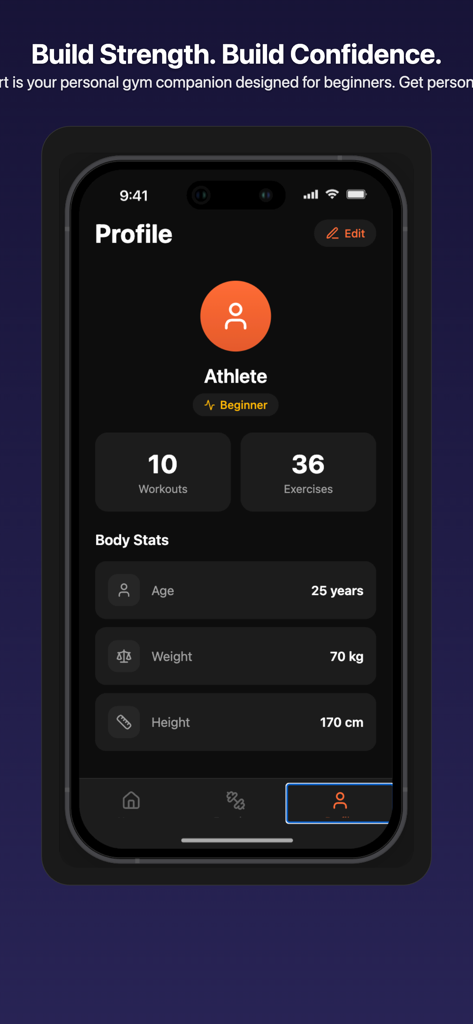 FitStart App - FitStart App user profile screen displaying beginner status workouts exercises and body statistics