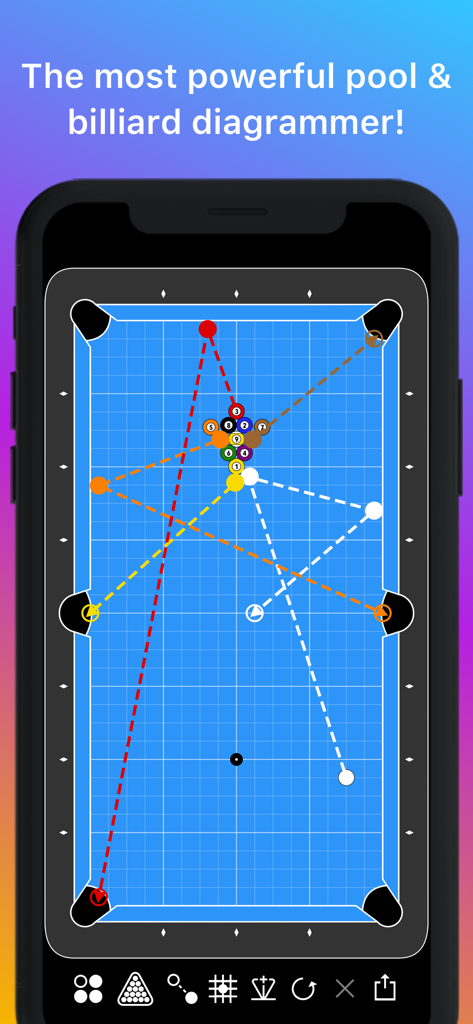 Cue Lab | Shots & Layouts - Technical billiard shot diagram on a smartphone screen showing ball paths and layouts