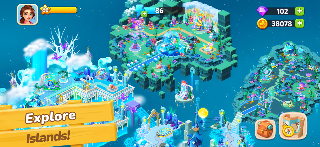 A vibrant tropical island landscape in Dragonscapes Adventure with mystical buildings and coral gardens