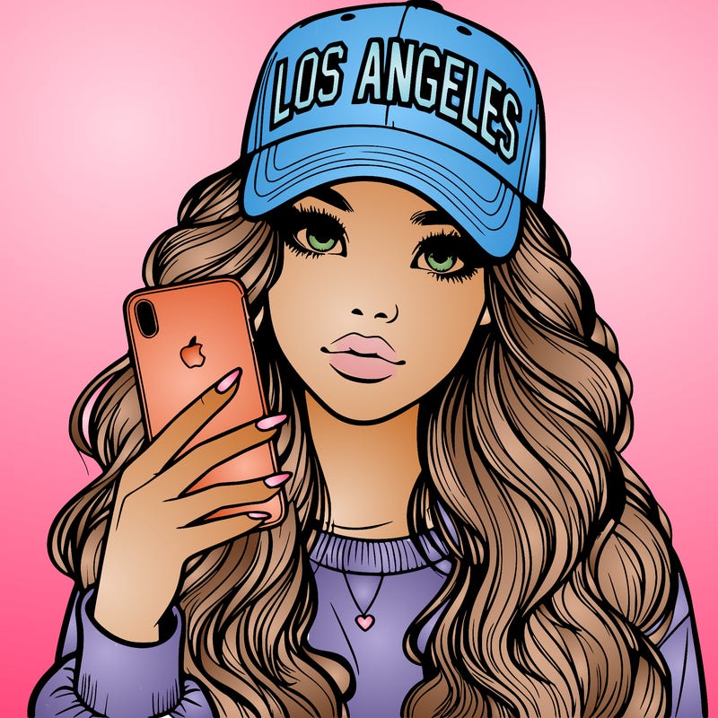 realistic beautiful girl wearing los ángeles cap holding an iphone