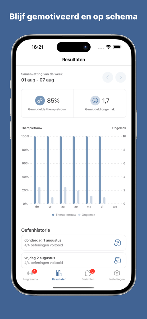 FBTO Online Fysio - Pantalla de resultados de la aplicación Fisioterapia Online FBTO mostrando un panel de cumplimiento semanal de terapia y niveles de incomodidad