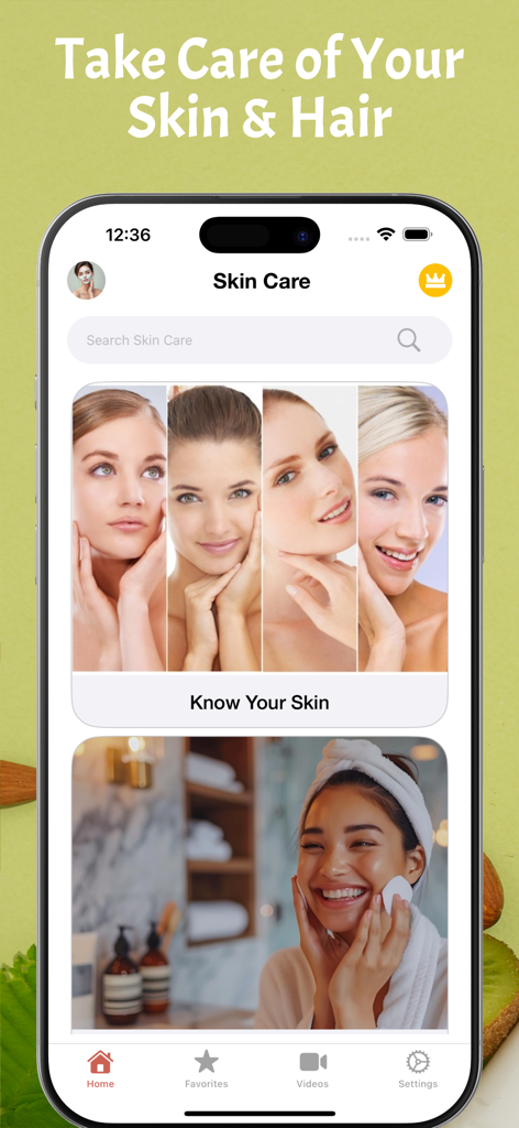 Skin Care: Beauty Tips Offline - Home screen of the Skin Care app featuring the Know Your Skin section and personalized beauty advice