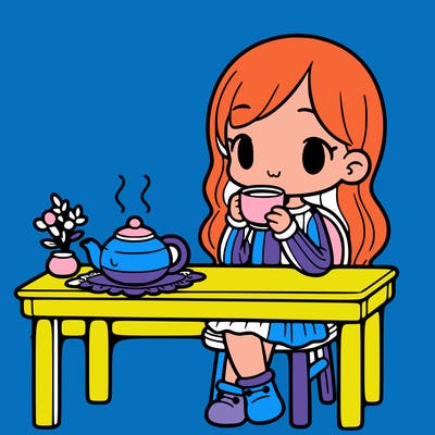 a girl drinking tea at a table with a teapot on the table