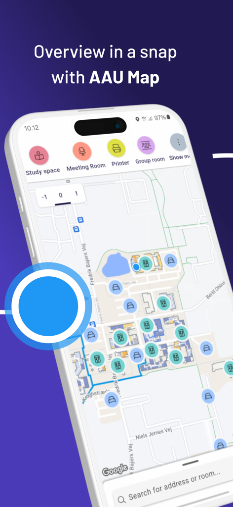 AAU Map - Interfaccia dell'app Mappa AAU su uno smartphone che mostra la navigazione del campus con filtri per spazi studio e stampanti