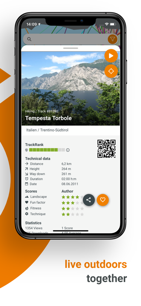 GPS-Tour.info - GPS-Tour.info app interface showing detailed technical data and TrackRank for a hiking tour
