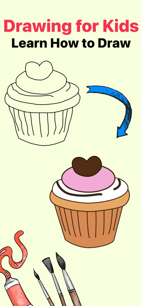 Schritt-für-Schritt-Zeichenanleitung, die eine Cupcake-Skizze zeigt, die sich in ein farbenfrohes fertiges Kunstwerk verwandelt