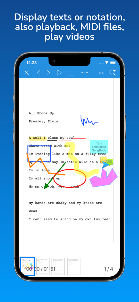 SongBook+ - Aplicación SongBook plus mostrando letras con anotaciones digitales y resaltados para músicos.