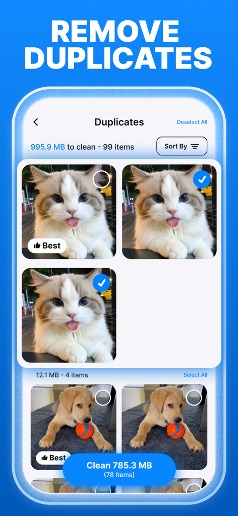 iPhone screen showing the Cleaner Pro app interface for removing duplicate pet photos to free up storage space