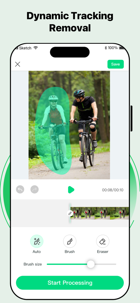 Ai Video Editor & Generator - Una interfaz de aplicación móvil que muestra el seguimiento dinámico para eliminar a una persona en bicicleta de un clip de video