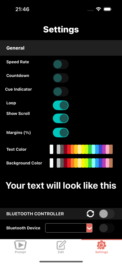 ForPrompt Mobile - settings menu of forprompt mobile app showing teleprompter customization options including text color and scroll speed