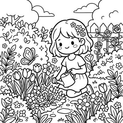 Step into a delightful spring scene with this charming kawaii coloring page, featuring an adorable girl tending to her blossoming garden. Immerse yourself in the joy of renewal as you color cheerful flowers, a playful butterfly, and a serene outdoor setting.