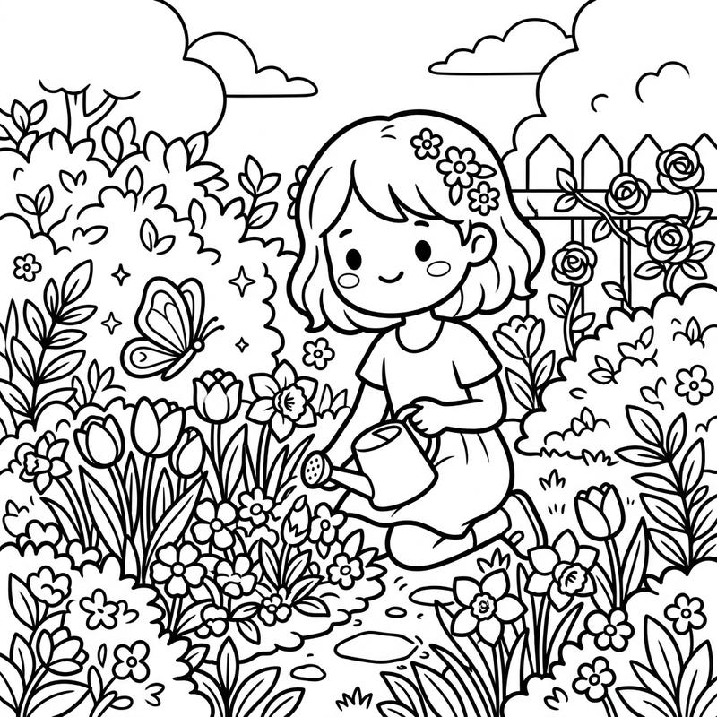 Step into a delightful spring scene with this charming kawaii coloring page, featuring an adorable girl tending to her blossoming garden. Immerse yourself in the joy of renewal as you color cheerful flowers, a playful butterfly, and a serene outdoor setting.