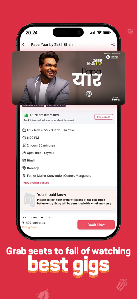 BookMyShow | Movies & Events - BookMyShow mobile app interface displaying event details and booking options for a live comedy show by Zakir Khan.