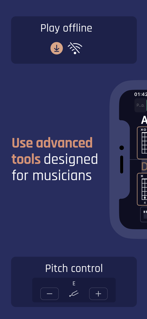 Jamzone App-Screenshot mit Hervorhebung von Offline-Wiedergabefunktionen und professionellen Pitch-Kontrollwerkzeugen für Musiker.