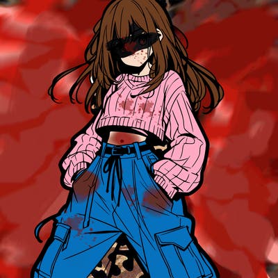 anime teen girl with baggy pants and crop top with sweater