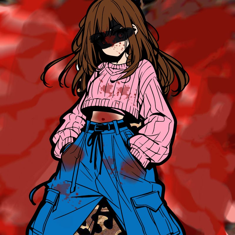 anime teen girl with baggy pants and crop top with sweater