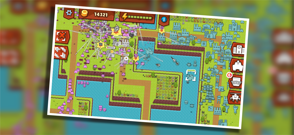 A real time strategy battle with land and sea units in Front Armies