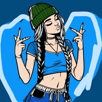 realistic teenage girl with braids and a beanie and crop top doing 🫶🏼