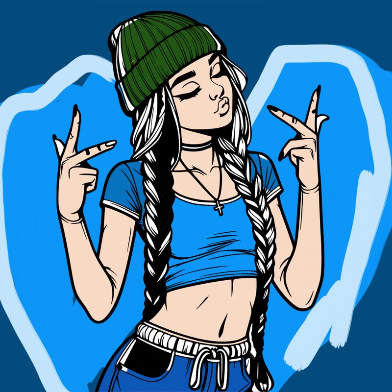 realistic teenage girl with braids and a beanie and crop top doing 🫶🏼