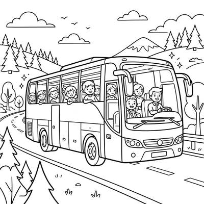 Get ready for an exciting journey with our coach bus coloring page, specially designed for kids aged 4-8. This delightful scene features a bus full of happy children on a scenic road, perfect for sparking imagination.