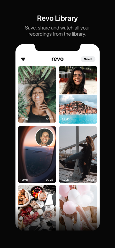 Dual Camera Split Videos: Revo - Revo app library interface showing a grid of saved dual camera video recordings.
