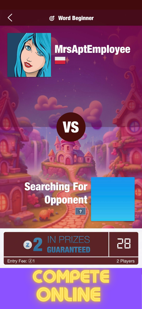 Matchmaking screen for an online word search competition with real cash prizes guaranteed