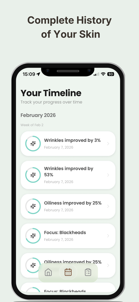 Glow app timeline screen showing tracked skin improvements for wrinkles and oiliness