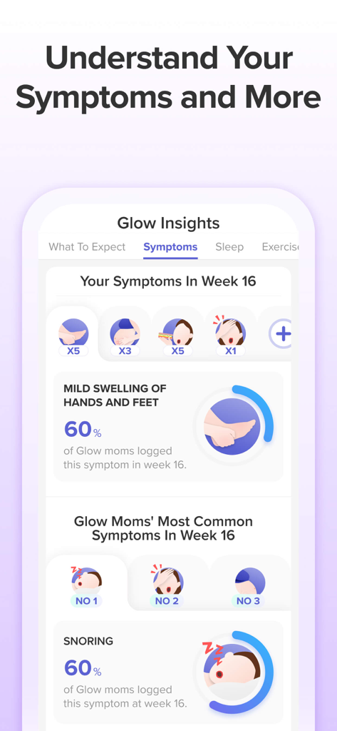 Nurture app interface showing comparative pregnancy symptom tracking and community data insights for week 16.
