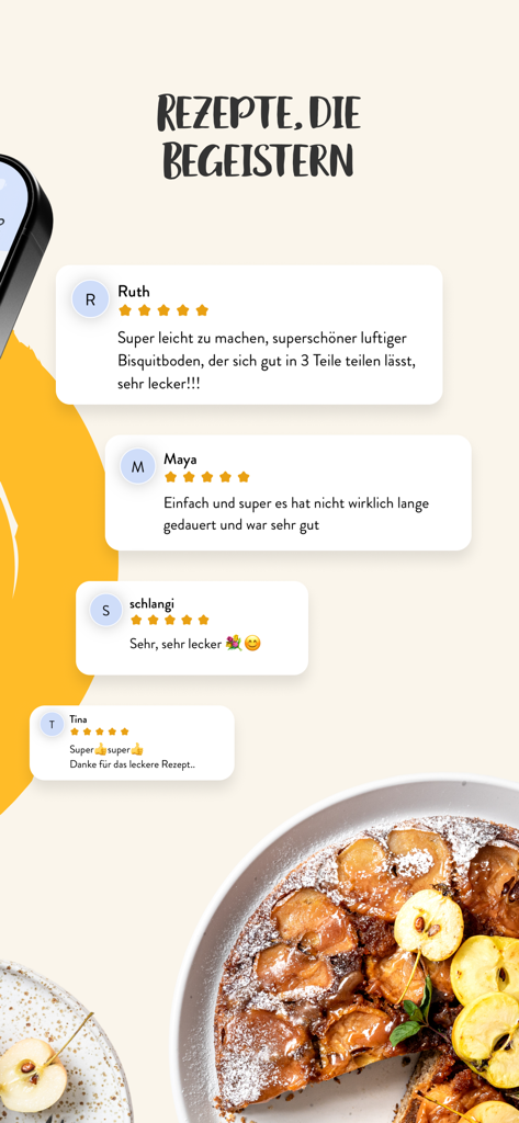 Five star user ratings and positive reviews for baking recipes in the Einfach Backen app.