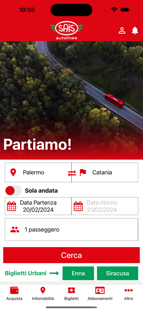 Sais Autolinee - Schermata di ricerca dell'app mobile Sais Autolinee per biglietti dell'autobus da Palermo a Catania