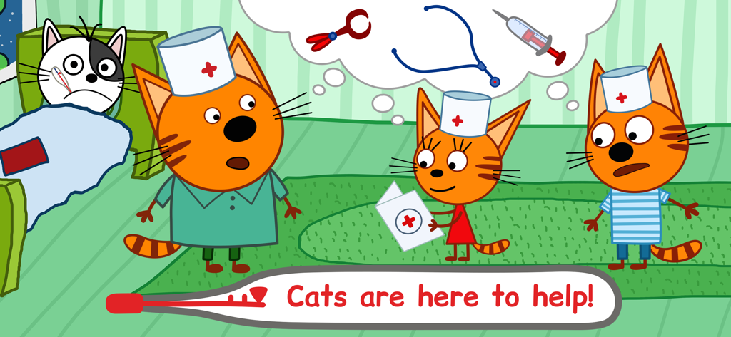 Kid-E-Cats cartoon characters in nurse hats preparing medical equipment to treat a sick patient.