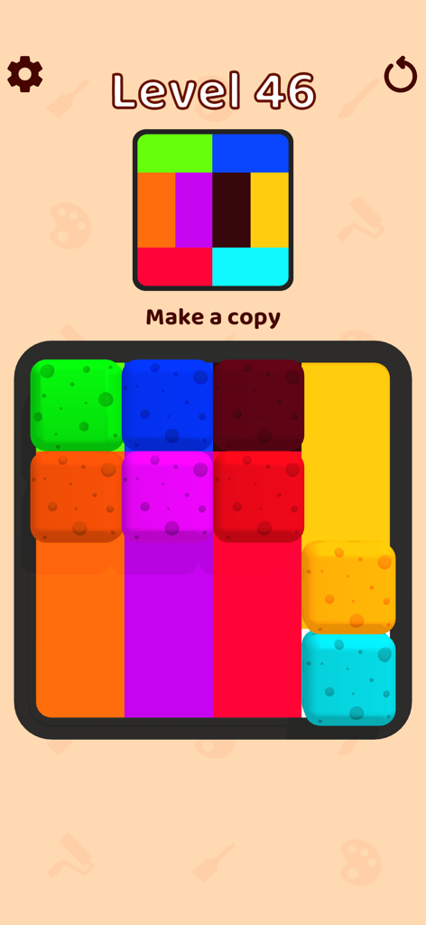 Paint Sponges - Una captura de pantalla del juego de puzzle Esponjas de Pintura mostrando el Nivel 46 donde el jugador debe copiar un patrón de color usando esponjas