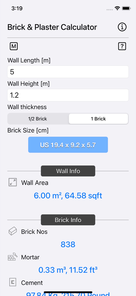 Brick and Plaster Calculator - Brick and Plaster Calculator app interface showing brick and mortar volume calculations for a construction project.