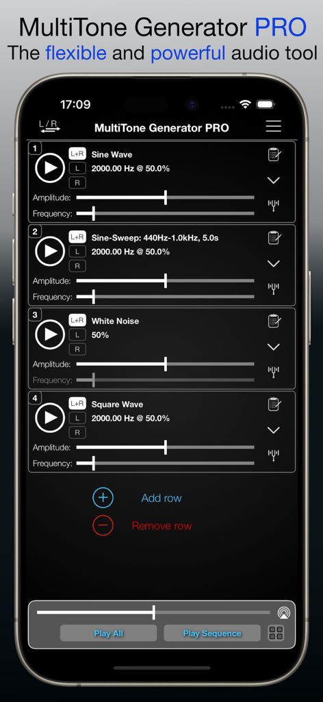 MultiTone Generator PRO - MultiTone Generator PRO interface showing multiple audio signal channels with sliders for sine waves and noise