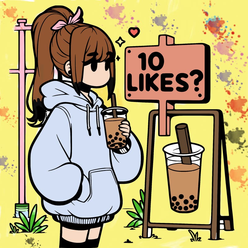 girl with oversized hoodie drinking boba and she has a high ponytail with a sign that says 10likes?