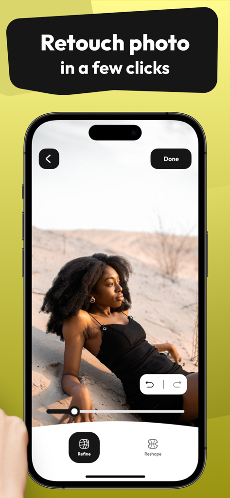 Face & Body AI Editor - Interface do aplicativo Editor de IA para Rosto e Corpo mostrando ferramentas de retoque e remodelação para uma foto de retrato