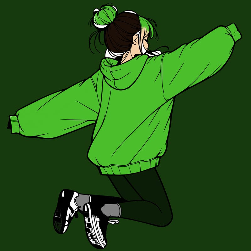 realistic girl jumping with a bun and oversized sweatshirt