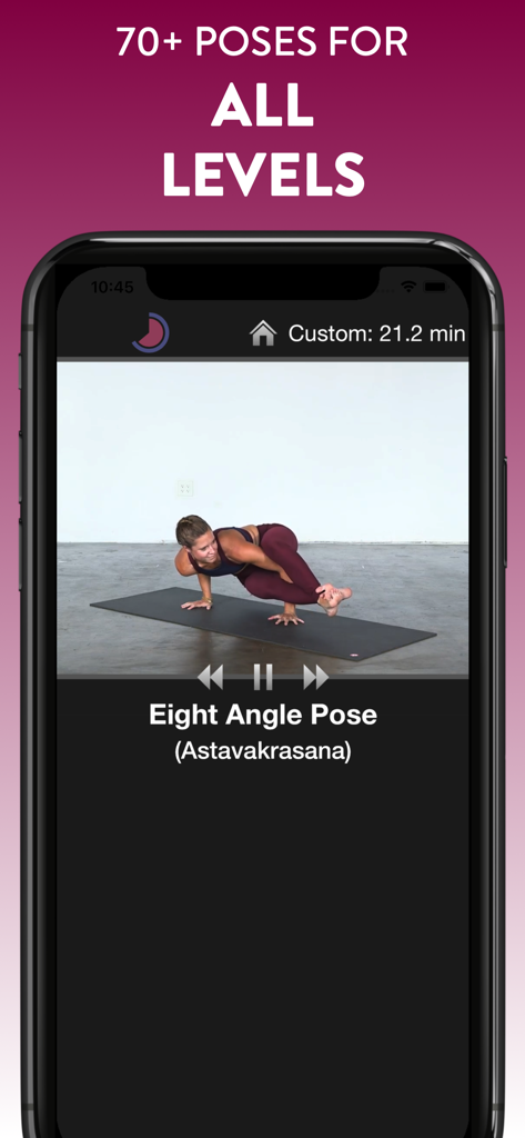 Simply Yoga - Simply Yoga app screenshot displaying the Eight Angle Pose with video instructions