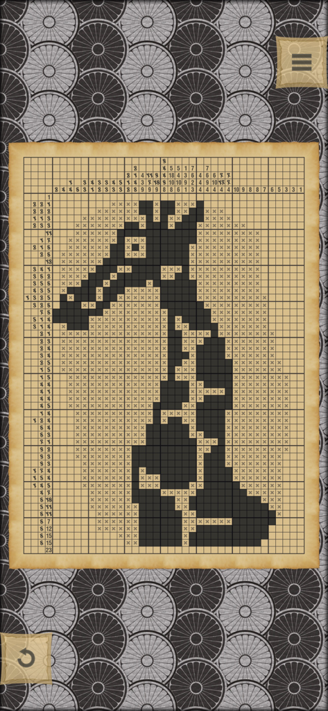 Un puzzle di nonogramma completato nell'app CrossMe che rivela un'immagine nascosta di una giraffa su una griglia.