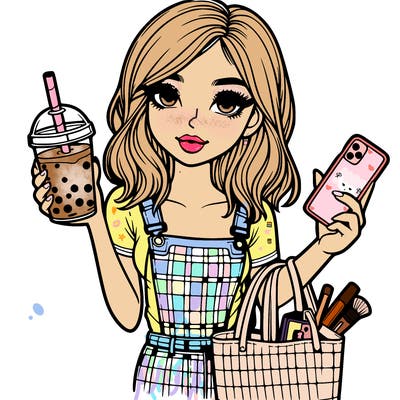 one realistic girl holding a boba drink with a tote bag and make up and a phone coming out of it